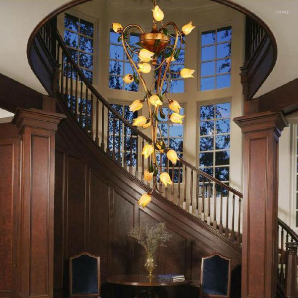 Lampes suspendues Escalier Long Lustre En Verre Antique Pour El Hall Vintage Grand G4 Led Lumières Salon Escalier Lampe Suspendue