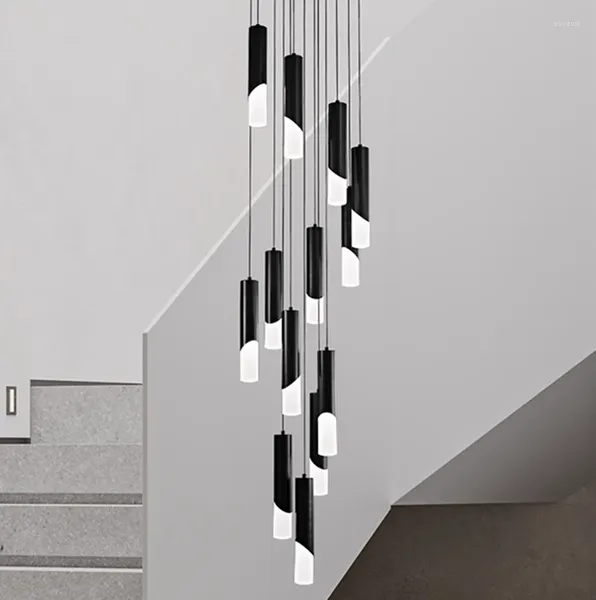 Lámparas colgantes Araña de escalera Ambiente moderno y simple Negro / Oro Iluminación LED Penthouse dúplex Sala de estar Luminarias colgantes