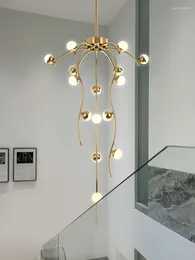 Lampes suspendues Escalier Moderne Minimaliste Lumière Luxe Vide Salon Lampe Créative Double Étage Tout Cuivre Villa Duplex Lustre