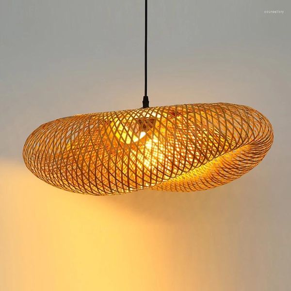 Lampes suspendues Vintage Bambou Tissage LED Lampe Suspendue Plafonnier Luminaires En Osier Rotin Tissé Lustres Pour La Maison Chambre Cuisine