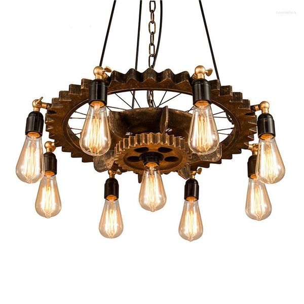 Lampes suspendues Vintage Retro Loft Rustic Distressed Fer Forgé Gear Chain Light Avec E27 Edison Ampoules Pour Bar Cafe Club Salle À Manger