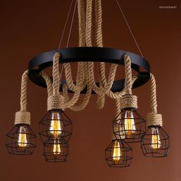 Lampes suspendues Vintage corde lustre E27 abat-jour araignée 6 lumières lustre rétro fer forgé luminaires