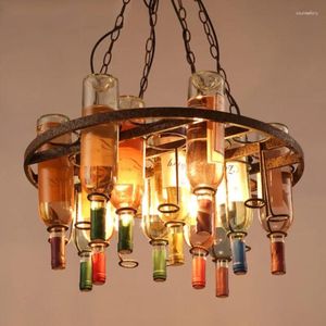 Lampes suspendues Vintage Couleur Rouille Métal Bouteille de vin Lustre E27 LED Café LOFT Bar Fer Droplight Magasin Luminaire