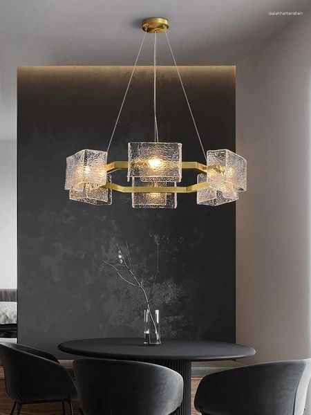 Lampes suspendues Lustre en verre ondulé Post-moderne Lumière de luxe Salle à manger Chambre Salon Étude Cuivre