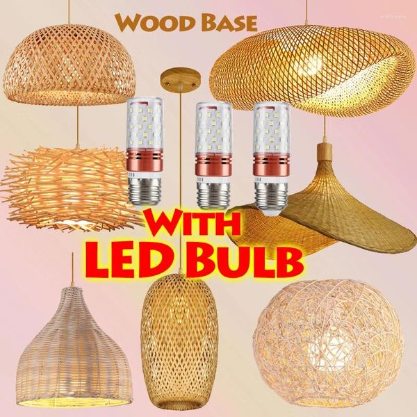 Lampes suspendues avec ampoule LED rotin osier bambou bois lumière plafond lustre lustre lampe à main artisanat maison salon chambre décor