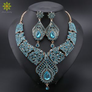 Pendentif Collier De luxe bleu cristal boucles d'oreilles collier de mariée bijoux de mariage ensemble élégant mariée fête bal Costume robe accessoires cadeaux 230506