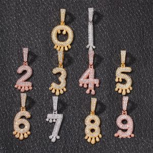 Colliers de pendentif 0-9 CZ Numéro de gouttes d'eau Collier Pendent avec chaîne de corde de 24 pouces Gol