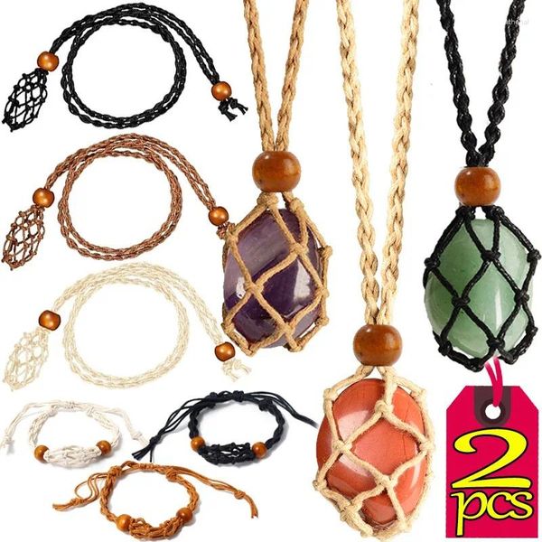 Collares colgantes 1/2 unids collar tejido a mano malla bolsillo cordón vacío soporte de piedra cristales de cuarzo curación chakra punto pescado indios netos