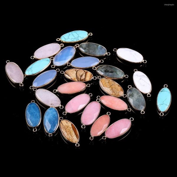 Pendentif Colliers 1 PCS Pierre Naturelle Connecteur Ovale Diplopore Turquoises Rose Quartzs Pour La Fabrication De Bijoux DIY Collier Bracelets Cadeau