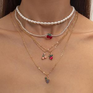 1 Juego de collares con colgante de perlas de frutas multicapa para mujeres y niñas, collar gargantilla de cereza y uva a la moda bohemio, regalos de joyería