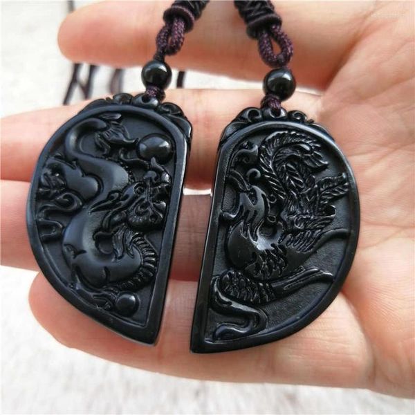 Pendentif Colliers 1 Set Obsidienne Sculpture Dragon Et Phoenix Collier YIN YANG Pendentifs Chanceux