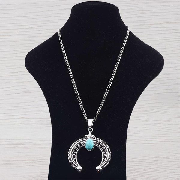 Collares colgantes 1 x plata tibetana luna creciente grande cuerno de doble cara collar de piedra sintética joyería en cadena de eslabones largos Lagenlook 34 