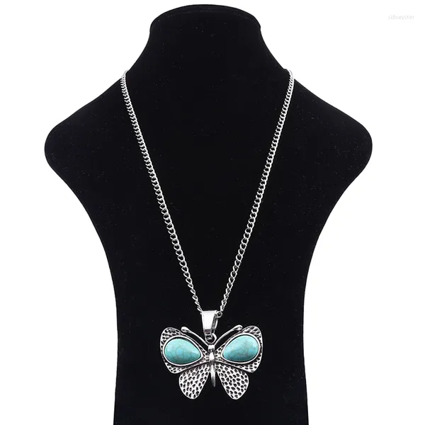 Pendentif Colliers 1 X Argent Tibétain Grand Imitation Turquoise Papillon Collier Bijoux Sur Longue Chaîne À Maillons Lagenlook 34