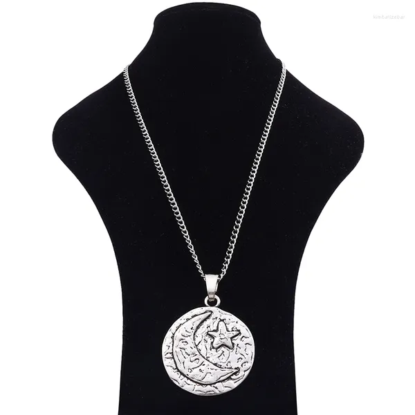 Colliers pendentifs 1 X argent tibétain grand martelé lune et étoile collier rond bijoux sur longue chaîne à maillons Lagenlook 34