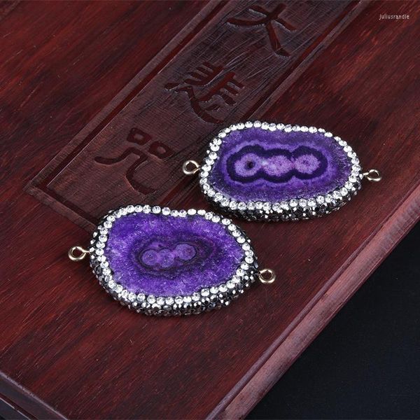 Collares pendientes 10/Uds. Geoda púrpura grande piedra de cristal de cuarzo pavé de diamantes de imitación rebanada cuenta 2 hebillas conector encanto DIY fabricación de joyería