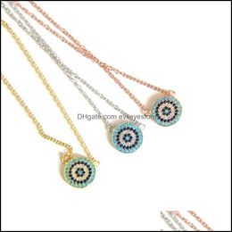 Hangende kettingen 100% 925 Sterling Sier Classic ketting rond schijf Micro Pave Colorf CZ Turquoise Evil Eye Charm Lucky Girl Gift C Dhmpn
