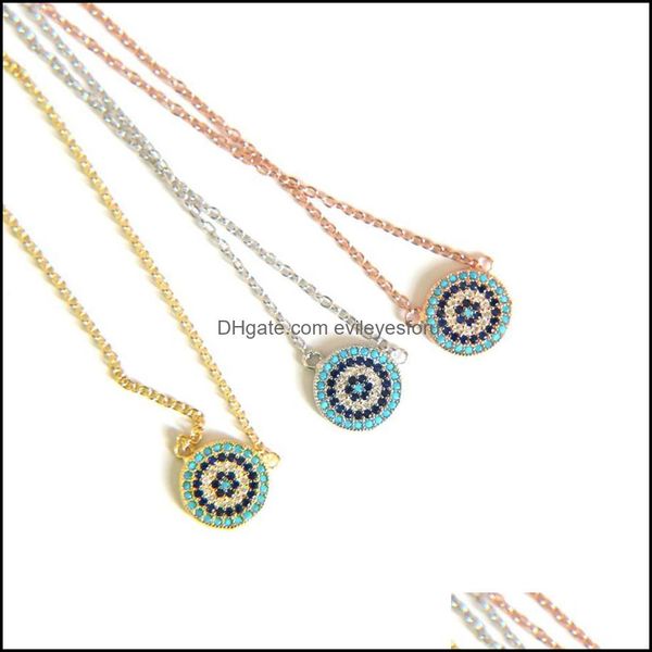 Pendentif Colliers 100% 925 Sterling Sier Collier Classique Disque Rond Micro Pave Colorf Cz Turquoise Evil Eye Charm Lucky Girl Gift C Dhmpn