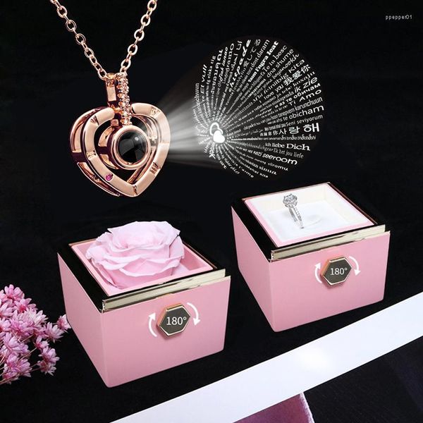 Colliers pendentifs 100 langues je t'aime collier de projection avec boîte-cadeau rose rotative 2023 conception de créativité bijoux de luxe romantiques