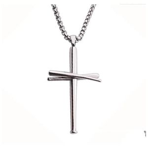 100 Sier Cross Baseball Bat Pendentif Collier Or Noir Couleur En Acier Inoxydable Pour Bijoux Colliers Pendentifs Dhqdw