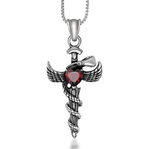 Pendentif Colliers 100% Acier Inoxydable Vintage Titanium Casting Angel Sword Collier Avec Red Hazel Stone