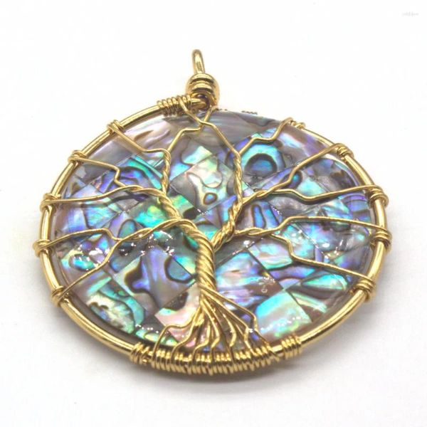 Pendentif Colliers 100-Unique 1 PCS Lumière Jaune Or Couleur Fil Enveloppé Coquille D'ormeau Ronde Pour Cadeau De Fête Bijoux De Mode