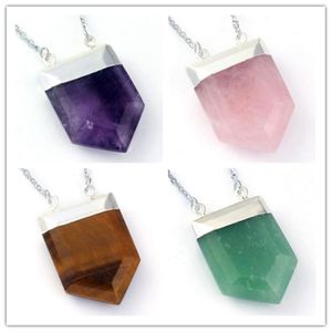 Hangende kettingen 100-uniek 1 pc's verzilverde amethists koninklijke schild dubbele gesp rose roze kwarts ketting amulet sieraden