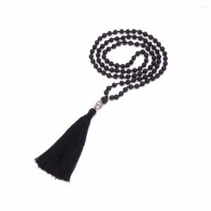 Pendentif Colliers 108 Mala Perle Naturelle 6mm Lava Pierre Bouddha Collier Bijoux Spirituels Long Gland Noir Noué