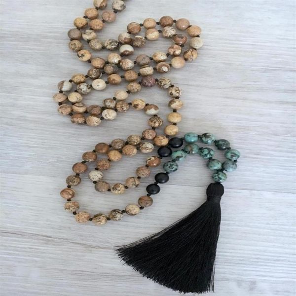 Pendentif Colliers 108 Collier de perles Mala Turquoises africaines Onyx noué à la main Prière pour hommes Yoga Méditation274K