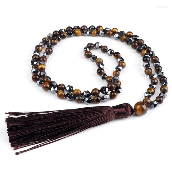 Collares colgantes 108 Mala Beads Collar 6 mm Piedra natural Ojos de tigre Onyx Hematita irregular Rosario Joyería Borla larga para mujeres Hombres