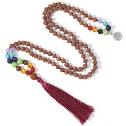 Colliers de pendentif 108 original Rudraksha perlé noué 7 Chakras Mala Collier Meditation Yoga Prayer Rosaire avec om pendentif