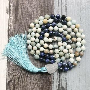 Hangende kettingen 108 Gebed kralen mala ketting met heldere q-artz goeroe stenen mannen vrouwen mode kwastje geknoopt amazonite joods