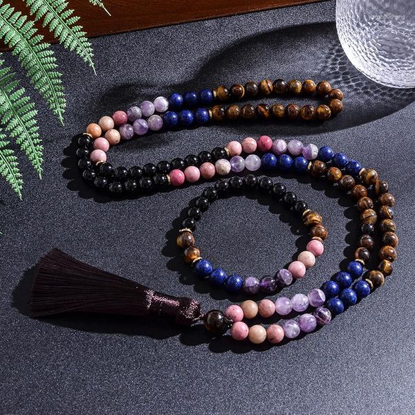 Collares colgantes 108 Rosario 8 mm Ojo de tigre Lapislázuli Amatista Ágata negra Con cuentas Japamala Collar Pulsera Mujeres Yoga Bendición Joyería