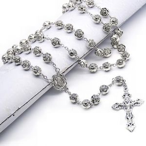 Pendentif Colliers 10mm Chapelet Perles Chaîne Collier Argent Couleur Saint Jésus Croix Pour Femmes Filles Religieux Chrétien Prière Bijoux Cadeau