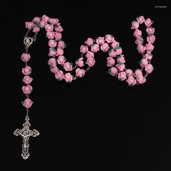 Pendentif Colliers 10mm Doux Argile De Luxe Rose Chapelet Collier Bénédiction Croix Mary Guadalupe Prière