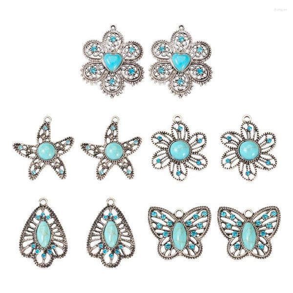 Collares colgantes 10pcs 5 estilos colgantes de turquesa sintética Formas de mariposa de flores mixtas para el collar de bricolaje llavero