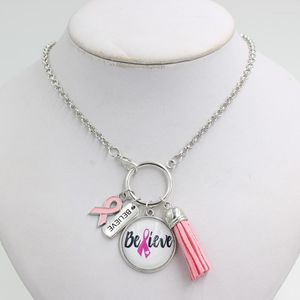 Collares pendientes 10PCS Joyería de concientización sobre el cáncer de mama Believe Pink Ribbon Charms Collar para regalo
