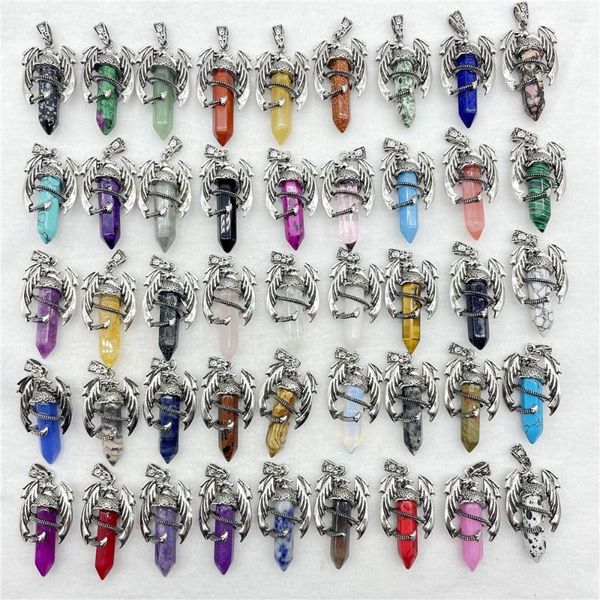 Collares colgantes 10 unids hombre pterosaurio dragón gema piedra curación rosa cuarzo hexagonal cristal vintage joyería haciendo punk hip hop