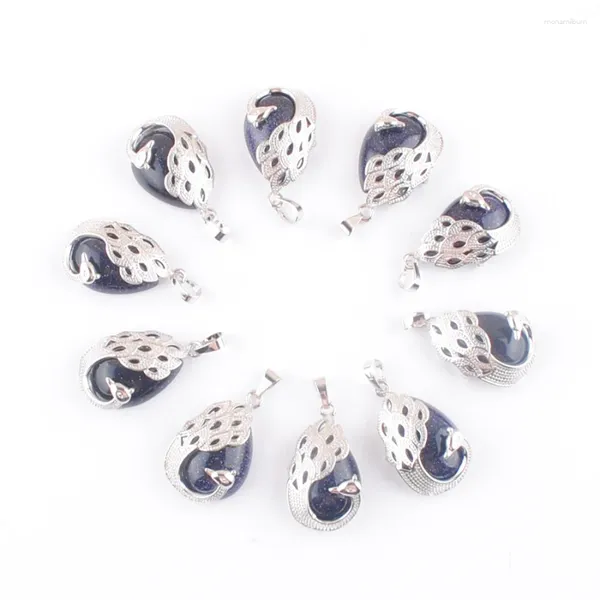 Pendentif Colliers 10pcs naturel bleu sable pierre paon goutte d'eau cabochon pierre précieuse charme animal bijoux femmes cadeau de fête TN4637