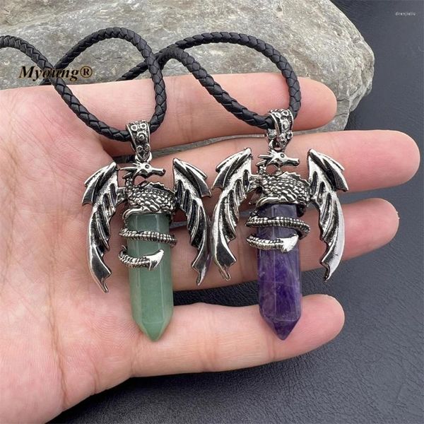 Collares colgantes 10 unids gemas naturales ojo de tigre piedra aventurina cristal cuarzo amatistas hexagonal vintage dragón ocultar cuerda collar FR003