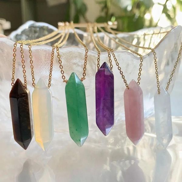 Colliers pendants 10pcs Stone naturelle Big Long Long Hexagonal Point Point Prendulum en acier inoxydable Chaîne Opale Quartz Pink Purple Crystal Collier