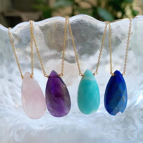 Pendentif Colliers 10pcs / Pack Collier en cristal naturel pour femmes Goutte d'eau Pierre précieuse Amazonite Lapis Rose Violet Petite chaîne Collier