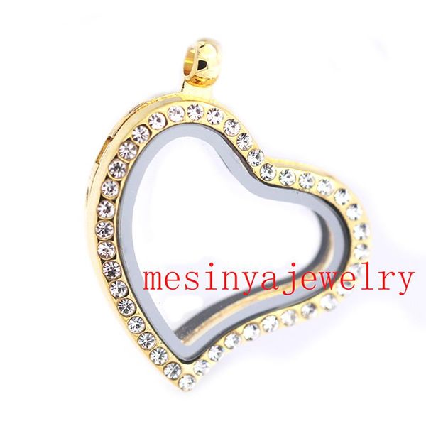 Pendentif Colliers 10pcs PVD Or Aimant Cristal Coeur Courbé Verre Vivant Médaillon Pour Flottant Charmes Souvenir Cadeau De Noël Fête Des Mères Gif