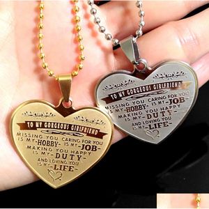 Collares colgantes 10 unids a mi novia Charm Beautif Forma de corazón Collar de acero inoxidable Etiqueta de perro Amantes Regalo Birtherday Drop Delive Dhbmq