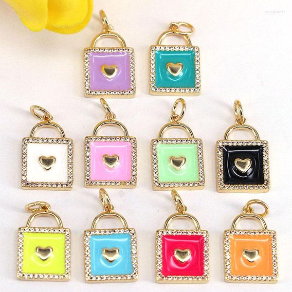 Collares colgantes 10 Uds. Colgantes de esmalte de Color tendencia candado de corazón joyería de moda para mujer candado accesorios chapados en oro y latón