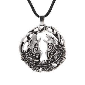 Pendentif Colliers 10 pcs Viking Loup Collier Bijoux Bronze Antique Argent Couple Celtique Avec Plume CT628Pendant