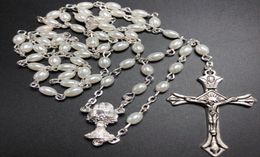 Colliers pendants 10pcSet White 64 mm Verre Pierre Rosaire Perle ovale catholique Rosario Coule Collier de perle mignon 4589952