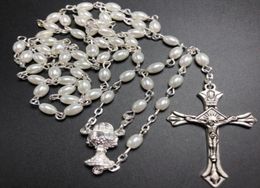 Colliers pendants 10 pcSet blanc 64 mm en verre de poire de rosier ovale catholique rosario mignon collier perlé calice centre49360492330883