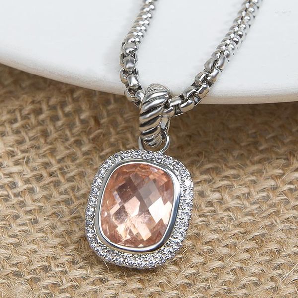 Pendentif Colliers 12 10mm Étincelant Rectangulaire Morganite Couleur CZ Collier Pour Femmes Mode Or Blanc Plaqué En Laiton Collier Bijoux