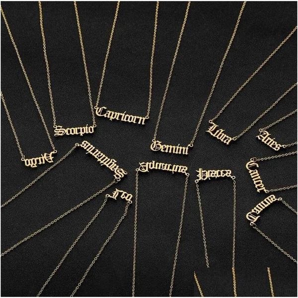 Collares colgantes 12 Constellation Jewelry Acero inoxidable Carta del zodiaco Collar Virgo Leo Taurus Cáncer de cáncer Old English Dr Dhsav