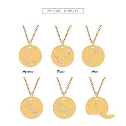 Colliers pendentifs 12 constellations collier cristal zodiaque pendentifs bijoux de mode volonté et sable en acier inoxydable pièce de monnaie livraison directe Dhjaw